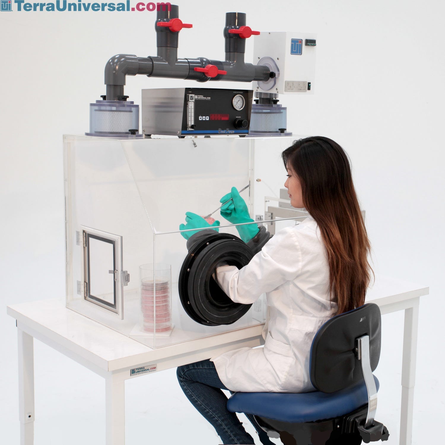An enclosed glove box with an LEV system